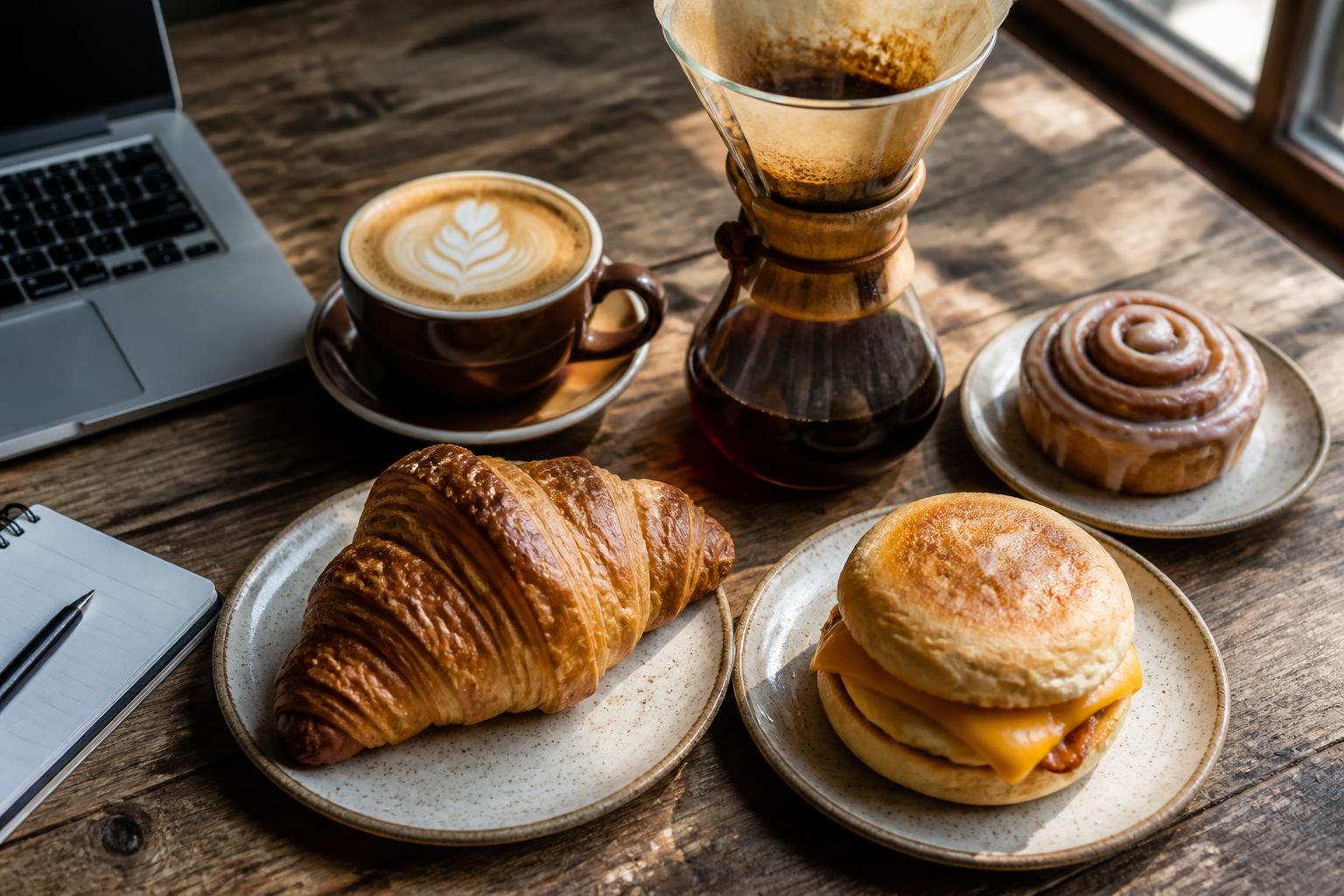 A croissant, breakfast sandwich, cinnamon roll, and cappuccino