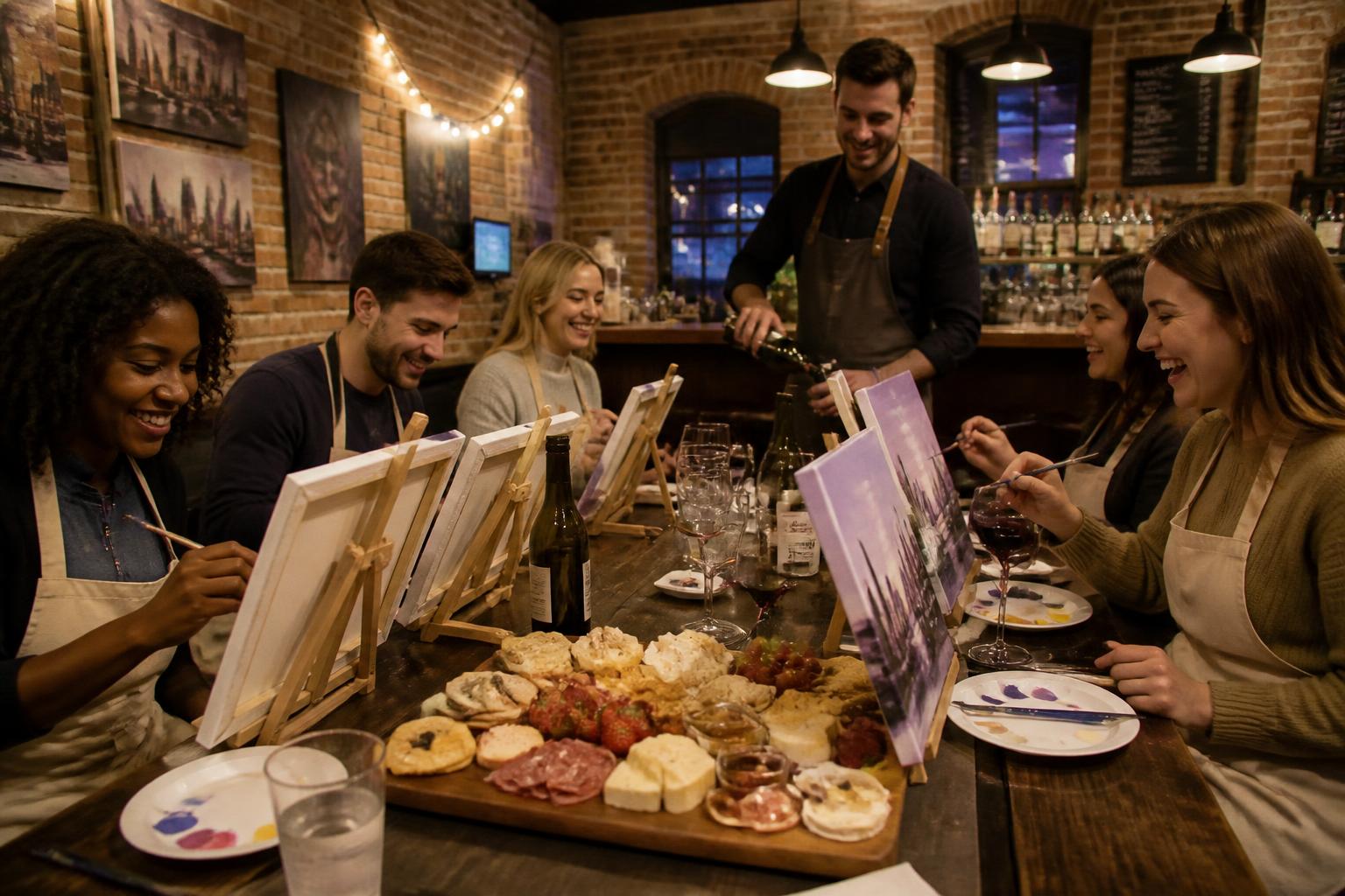 Guests pouring candles at a long table with mocktails