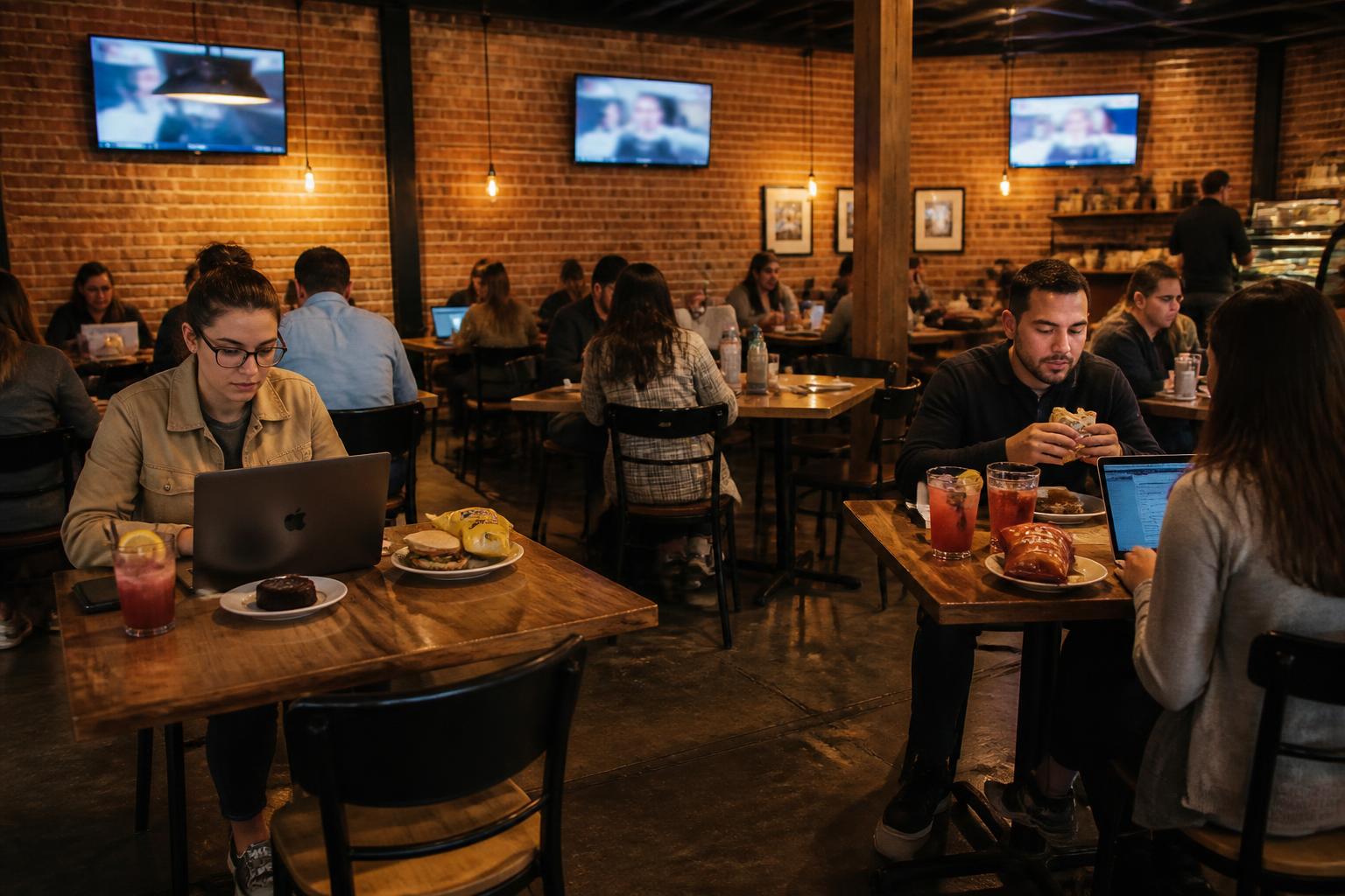 Monday night crowd at wooden tables with laptops and mocktails