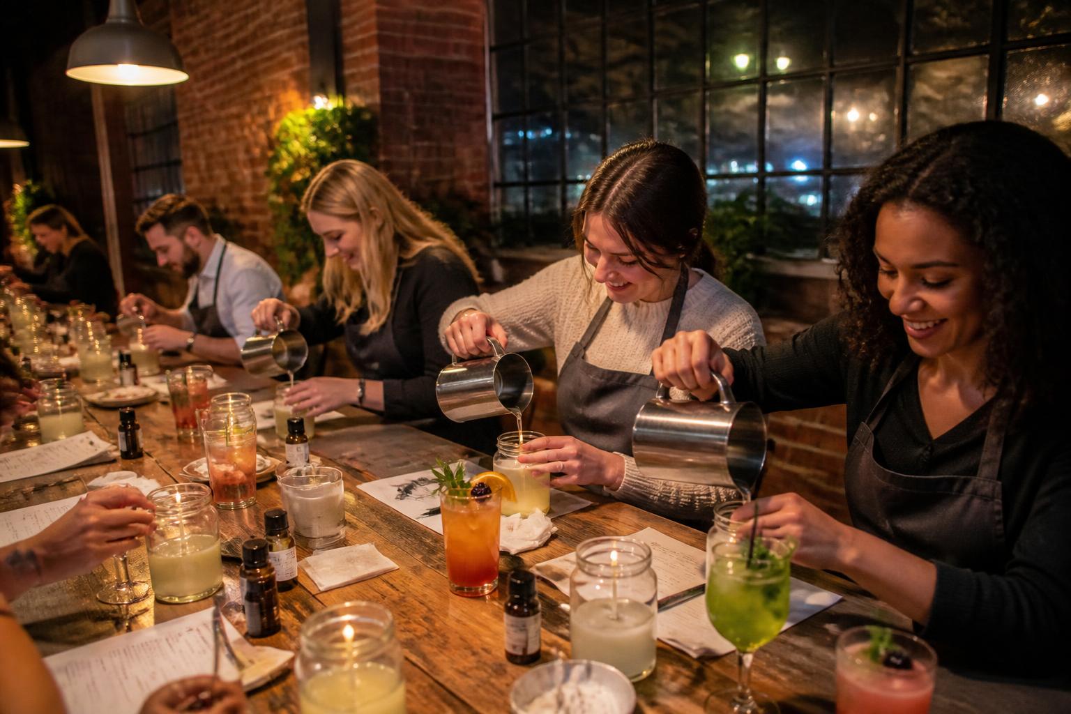 Friends painting at a long table with a charcuterie board